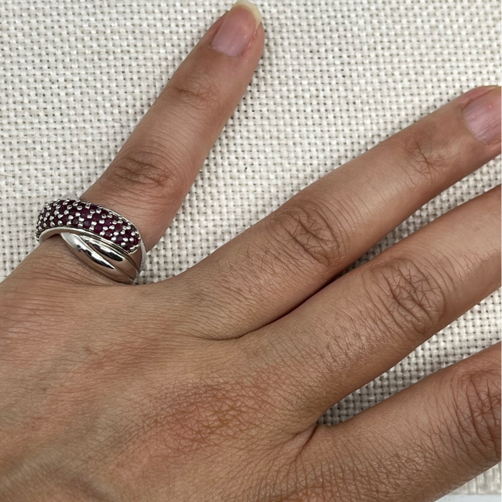 Vintage Estate Sterling Silver Wide Band Ring, Ruby Color Stones Size 5.75 - Picture 7 of 15